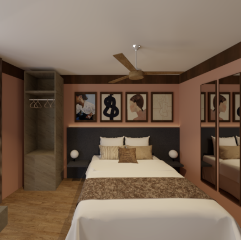 Concept de la chambre deluxe avec bibliothèque murale et lit double, illustrant l’ambiance cosy et raffinée du futur ROSA Boutique Hôtel.