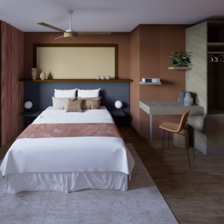 Chambre supérieure prototype du ROSA Boutique Hôtel, avec tête de lit et éclairage tamisé pour une atmosphère intimiste et relaxante.